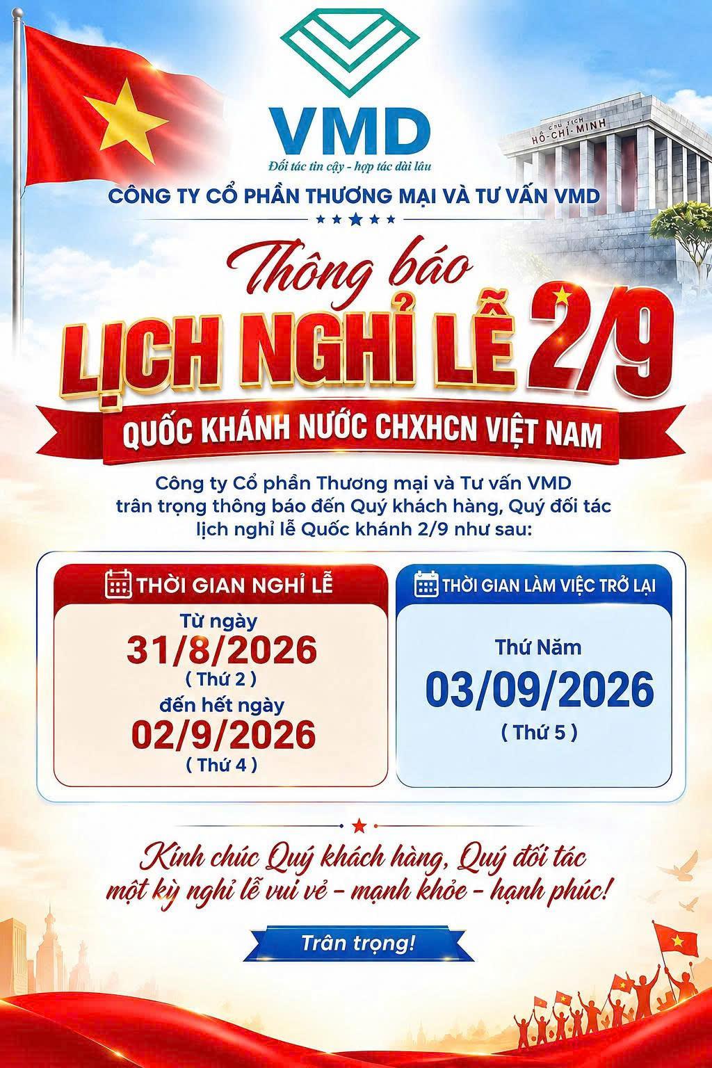 CÔNG TY CỔ PHẦN THƯƠNG MẠI VÀ TƯ VẤN VMD THÔNG BÁO LỊCH NGHỈ QUỐC KHÁNH 2/9